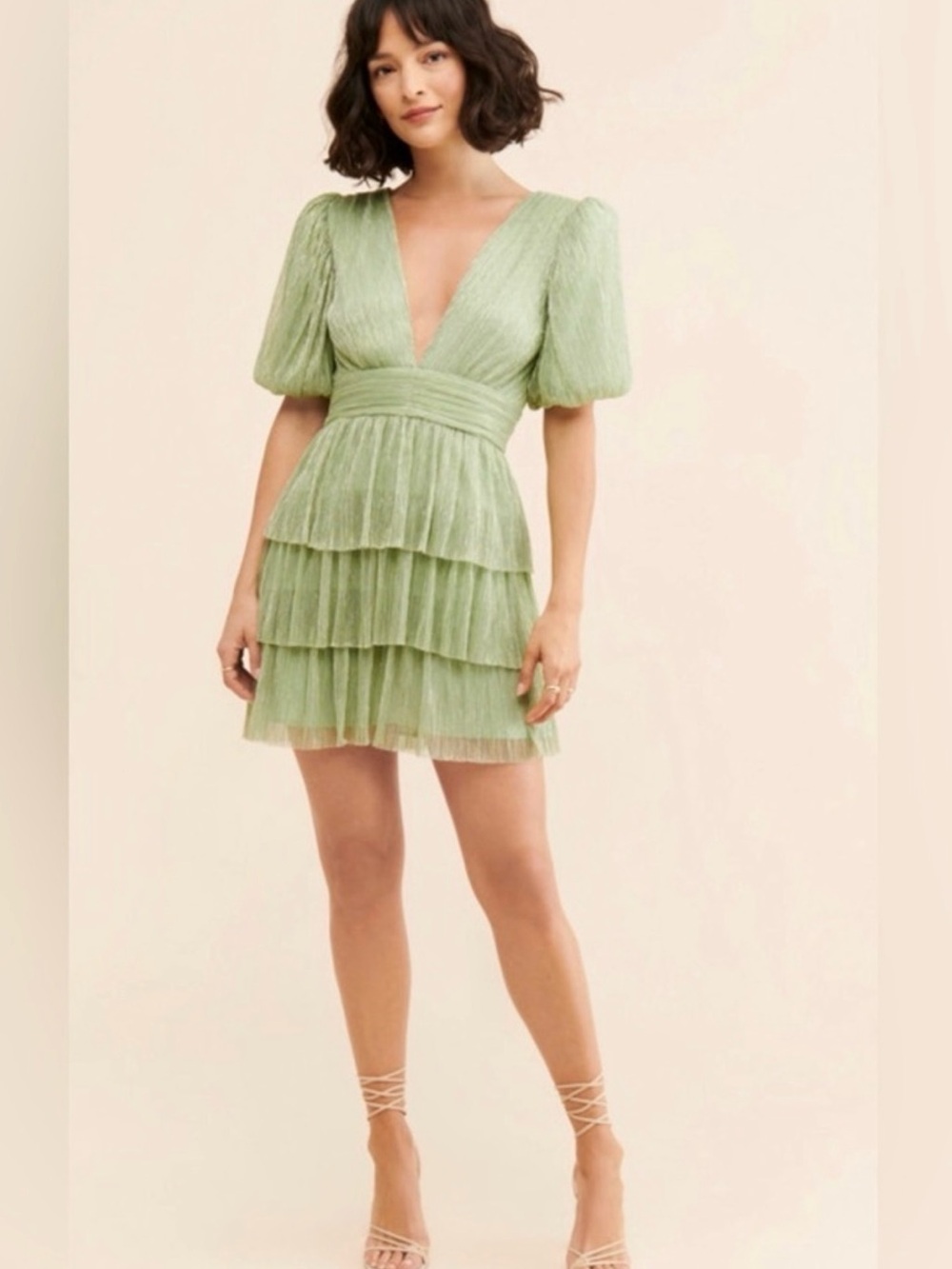 Wayf Light Green Tiered V-Neck Mini Dress